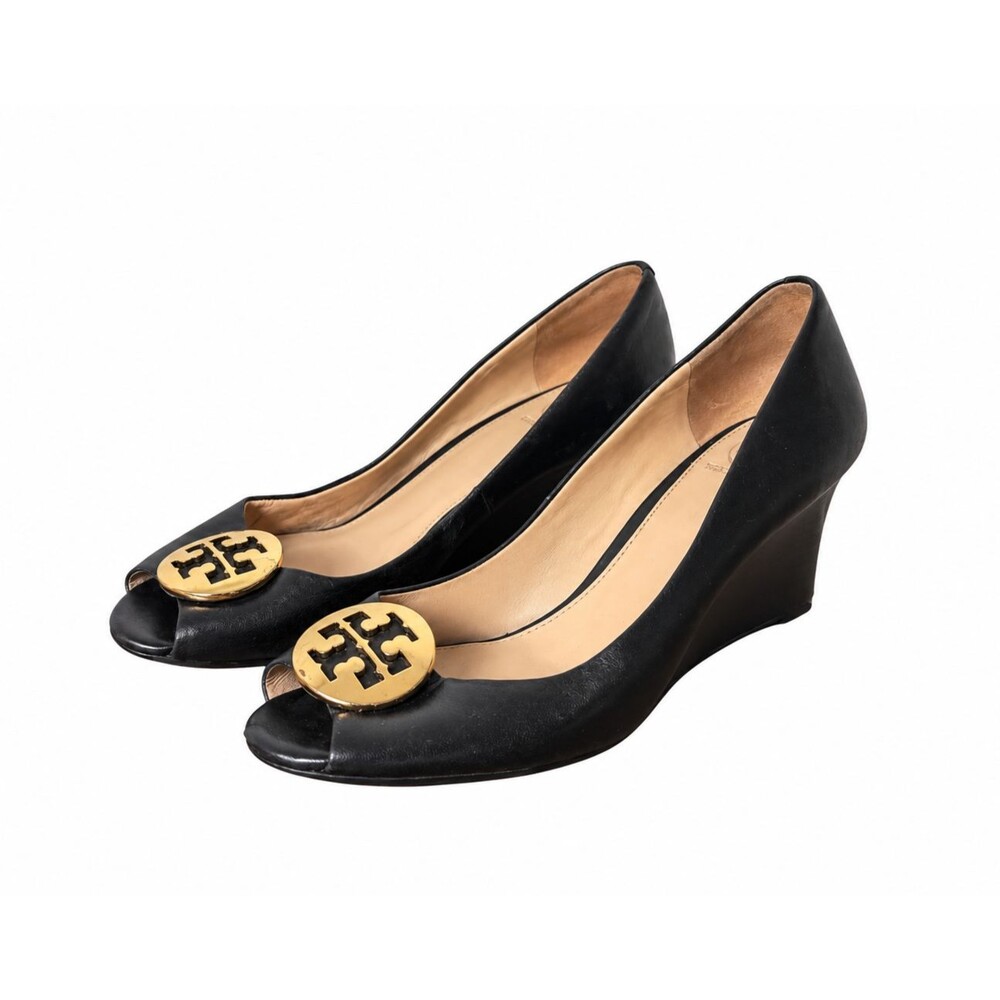 Tory Burch Black Leather Peep Toe Wedge Heels Women 8.5 Gold Logo Pumps